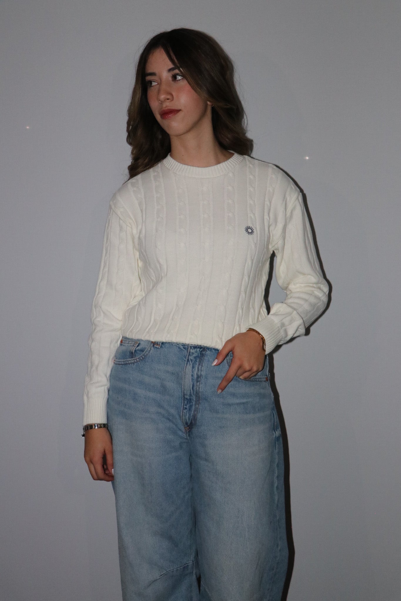 WOMEN'S CABLE-KNIT COTTON SWEATER